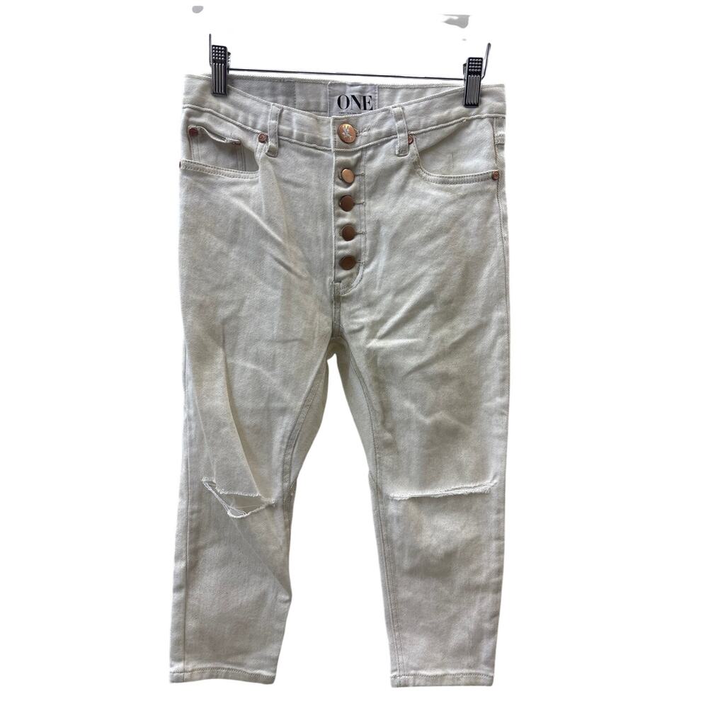 NWT One Teaspoon Sz 26 Dirty White Long Lovers Button Fly Straight Leg Rip Jeans